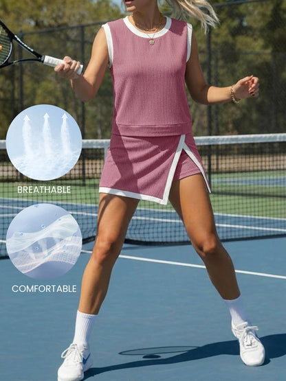 2 Pieces Tennis Workout Colorblock Sleeveless Top & Mini Skorts Matching Set