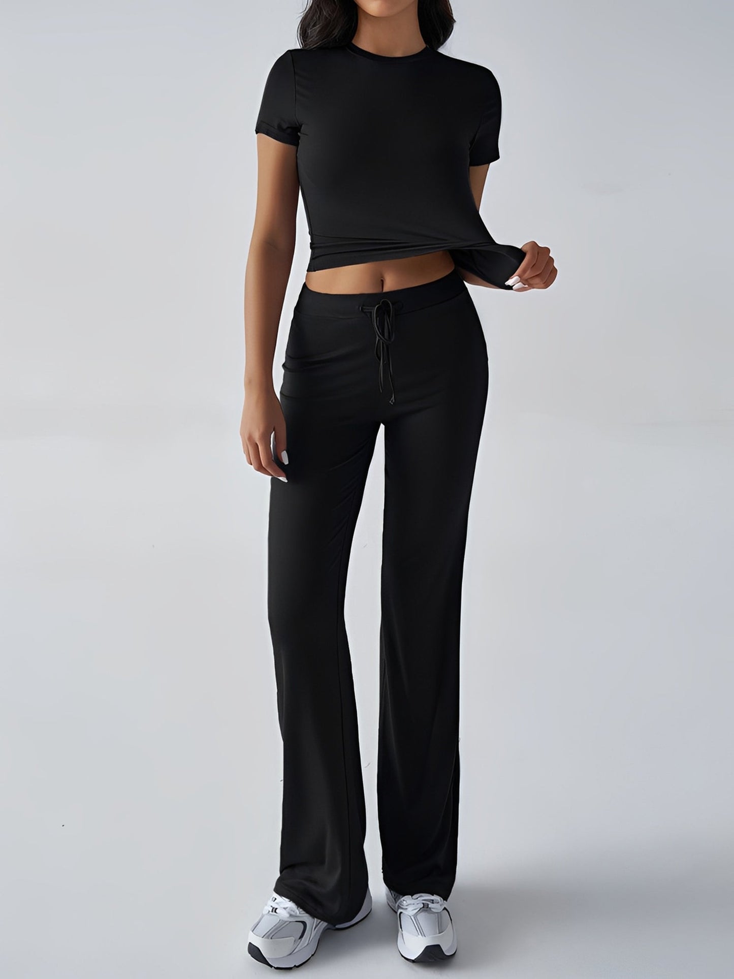 2 Pieces Crew Neck Short Sleeves Cropped Top & Straght Legs Trousers Pants Matching Workout Set
