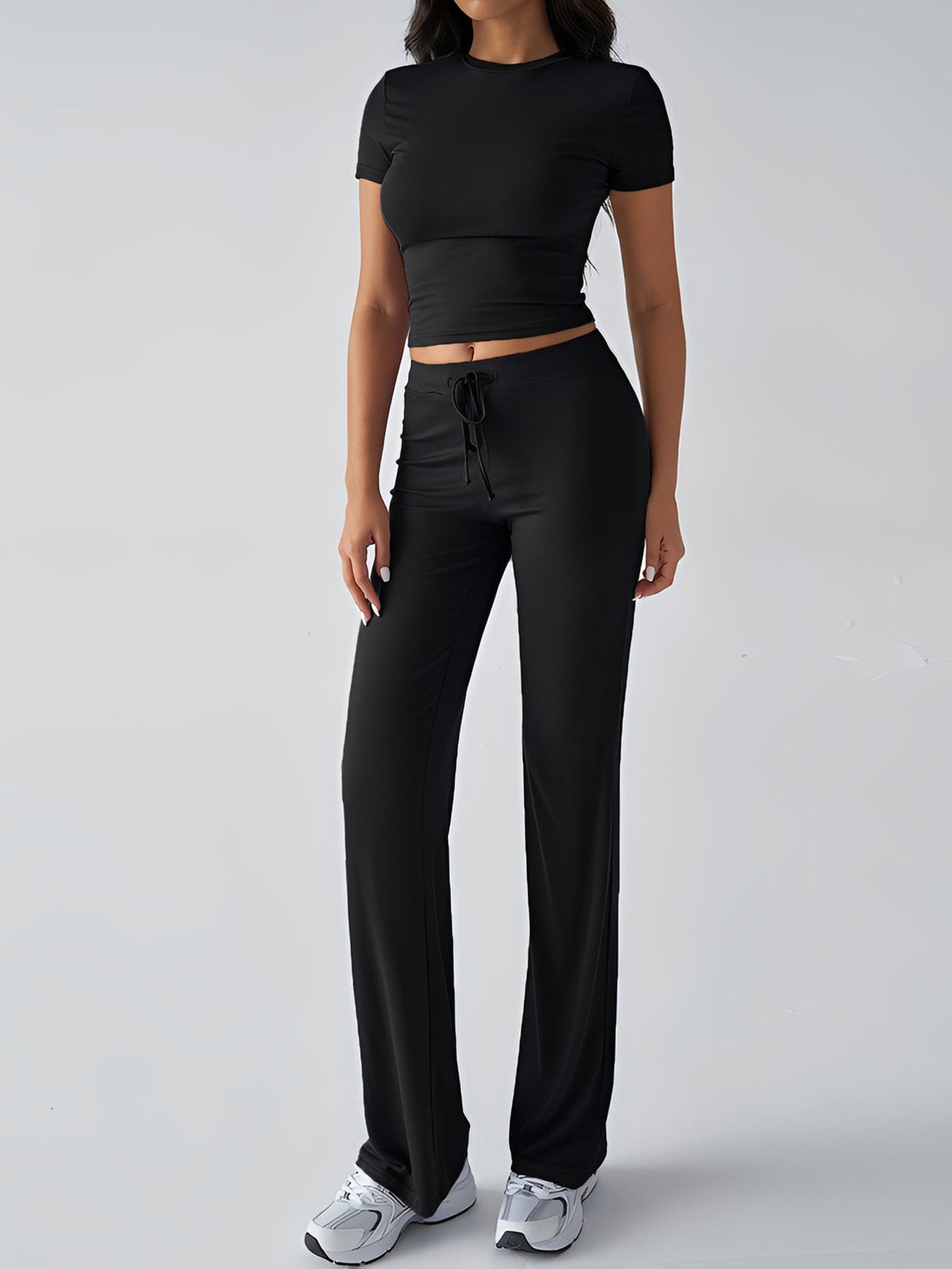 2 Pieces Crew Neck Short Sleeves Cropped Top & Straght Legs Trousers Pants Matching Workout Set