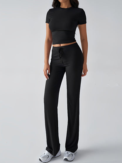 2 Pieces Crew Neck Short Sleeves Cropped Top & Straght Legs Trousers Pants Matching Workout Set