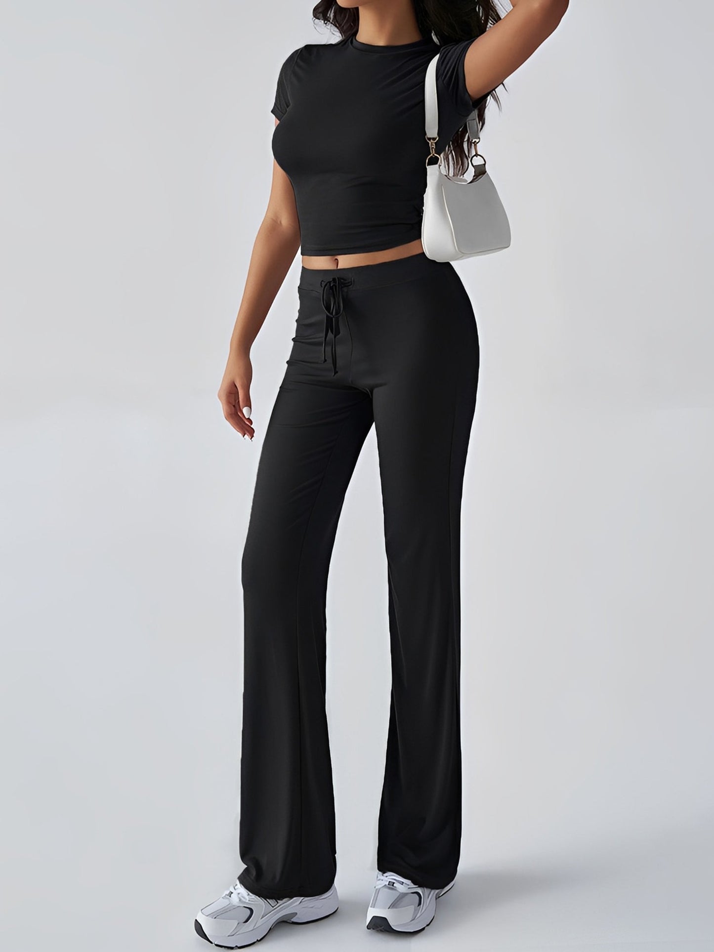 2 Pieces Crew Neck Short Sleeves Cropped Top & Straght Legs Trousers Pants Matching Workout Set