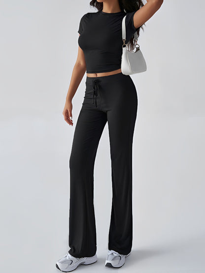 2 Pieces Crew Neck Short Sleeves Cropped Top & Straght Legs Trousers Pants Matching Workout Set