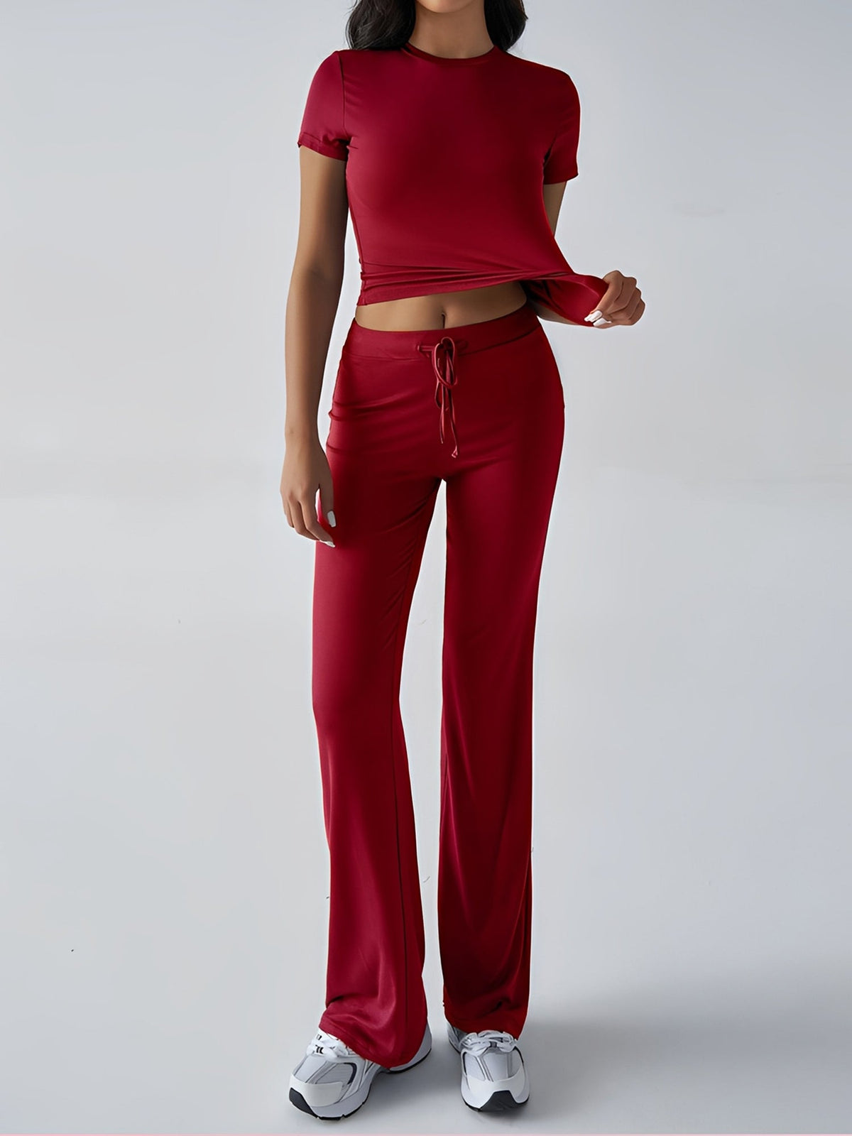 2 Pieces Crew Neck Short Sleeves Cropped Top & Straght Legs Trousers Pants Matching Workout Set