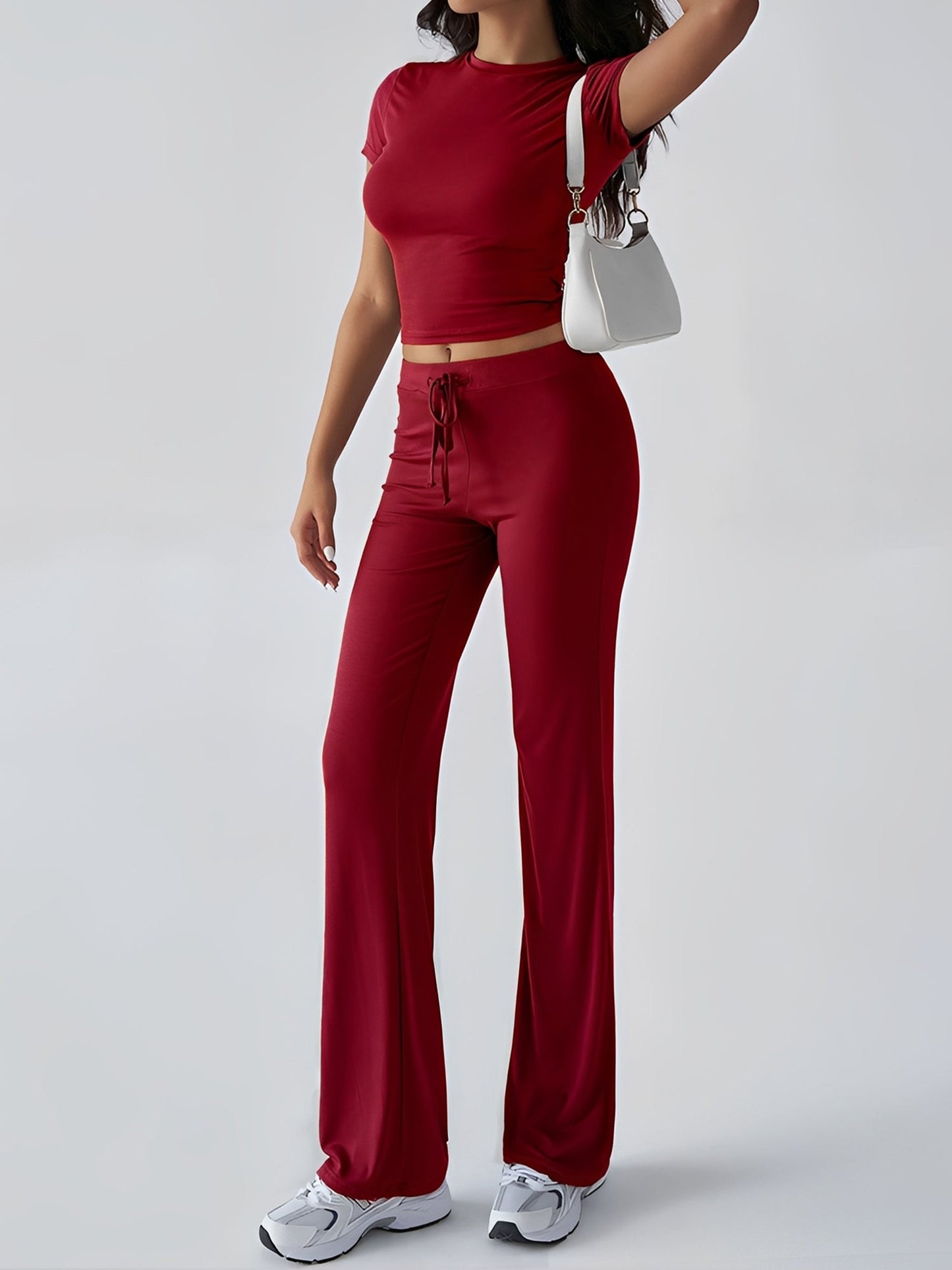 2 Pieces Crew Neck Short Sleeves Cropped Top & Straght Legs Trousers Pants Matching Workout Set