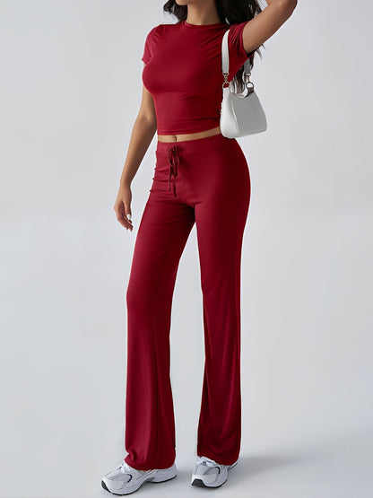2 Pieces Crew Neck Short Sleeves Cropped Top & Straght Legs Trousers Pants Matching Workout Set