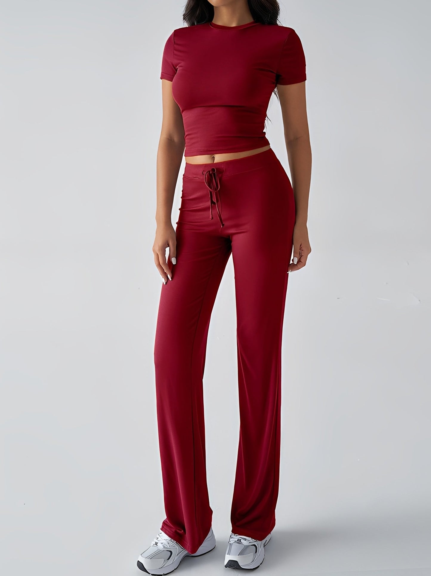 2 Pieces Crew Neck Short Sleeves Cropped Top & Straght Legs Trousers Pants Matching Workout Set