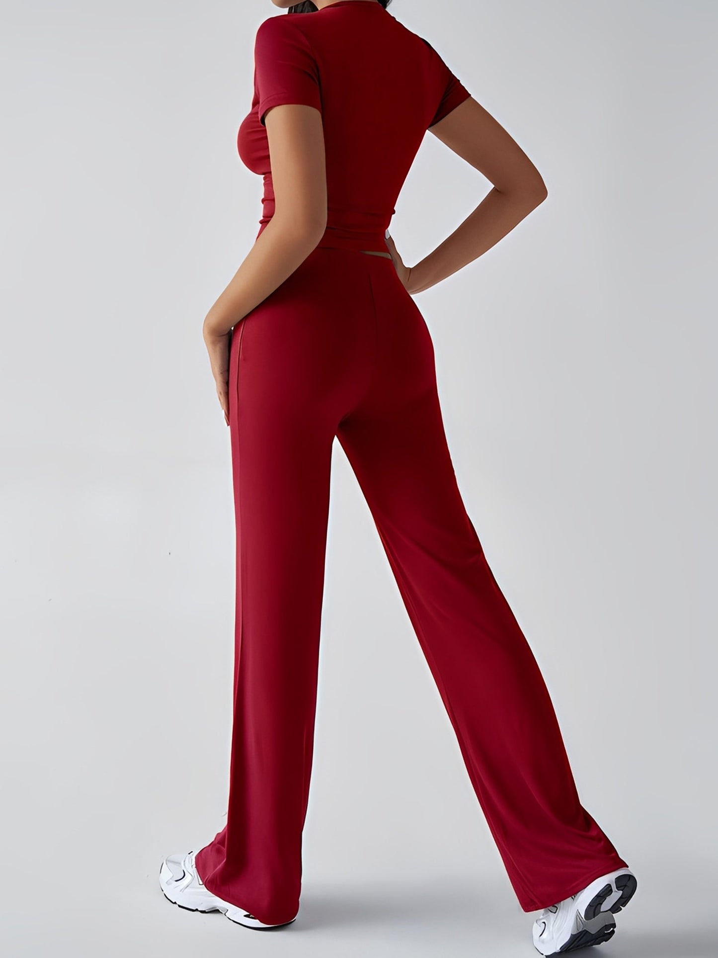 2 Pieces Crew Neck Short Sleeves Cropped Top & Straght Legs Trousers Pants Matching Workout Set