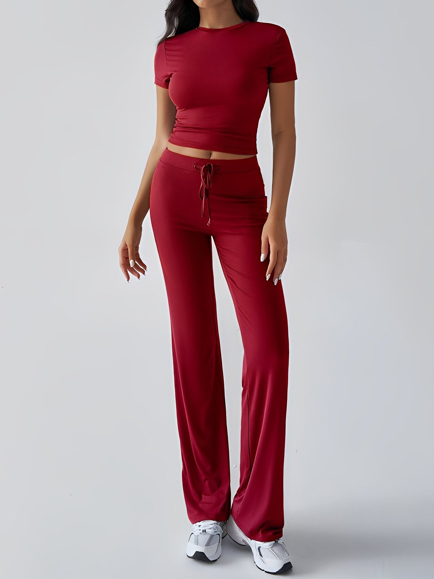 2 Pieces Crew Neck Short Sleeves Cropped Top & Straght Legs Trousers Pants Matching Workout Set