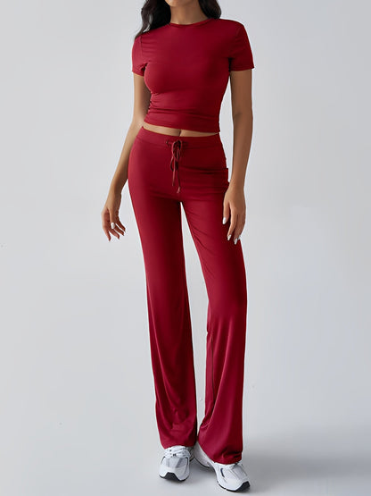2 Pieces Crew Neck Short Sleeves Cropped Top & Straght Legs Trousers Pants Matching Workout Set