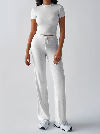 2 Pieces Crew Neck Short Sleeves Cropped Top & Straght Legs Trousers Pants Matching Workout Set