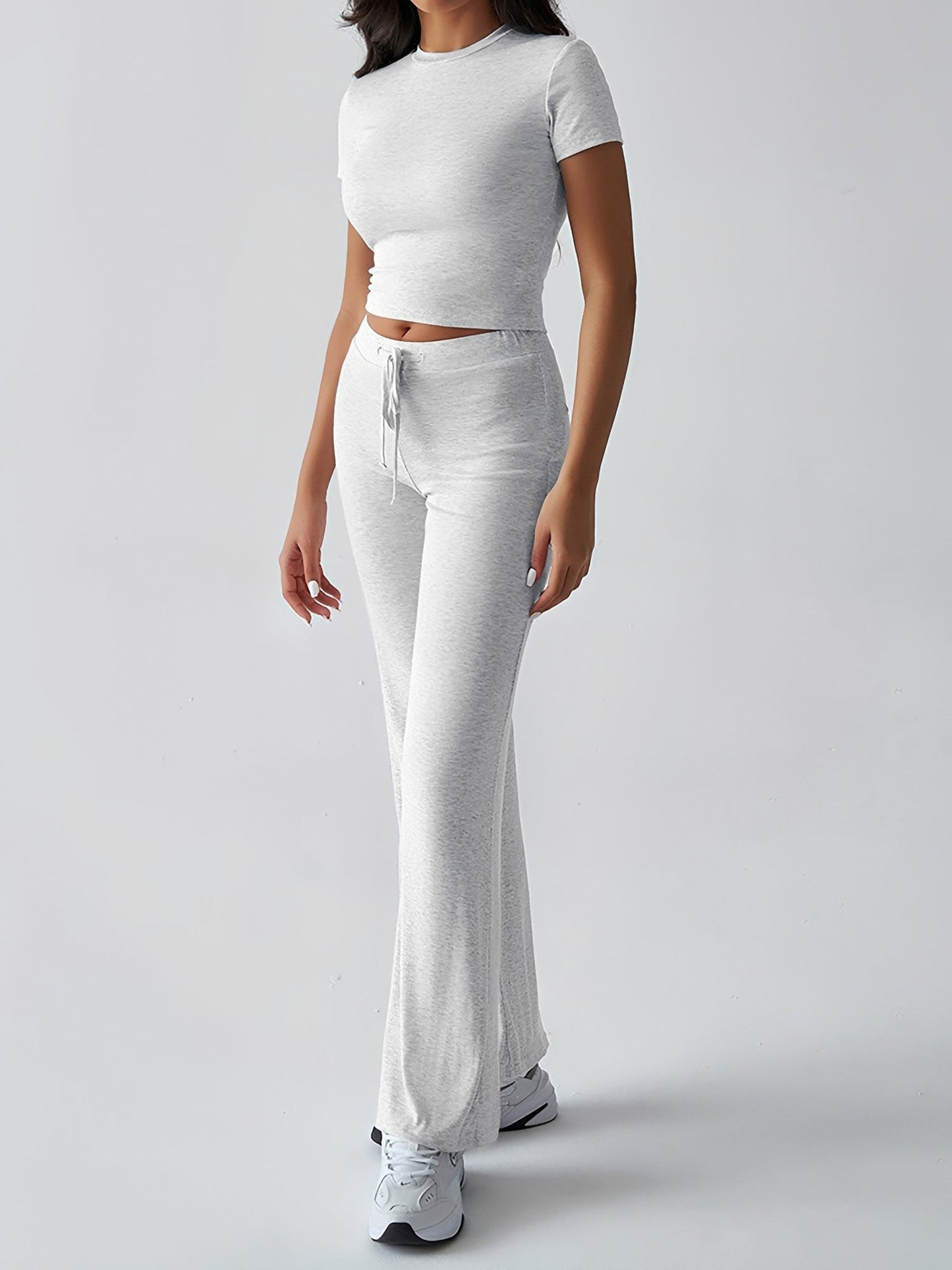 2 Pieces Crew Neck Short Sleeves Cropped Top & Straght Legs Trousers Pants Matching Workout Set