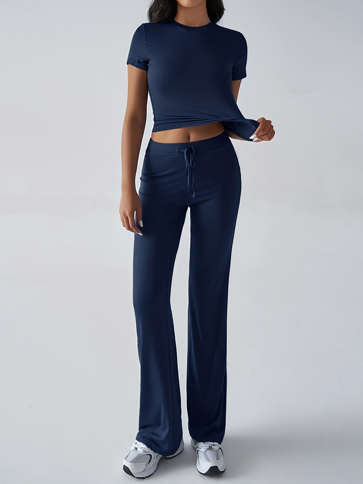 2 Pieces Crew Neck Short Sleeves Cropped Top & Straght Legs Trousers Pants Matching Workout Set