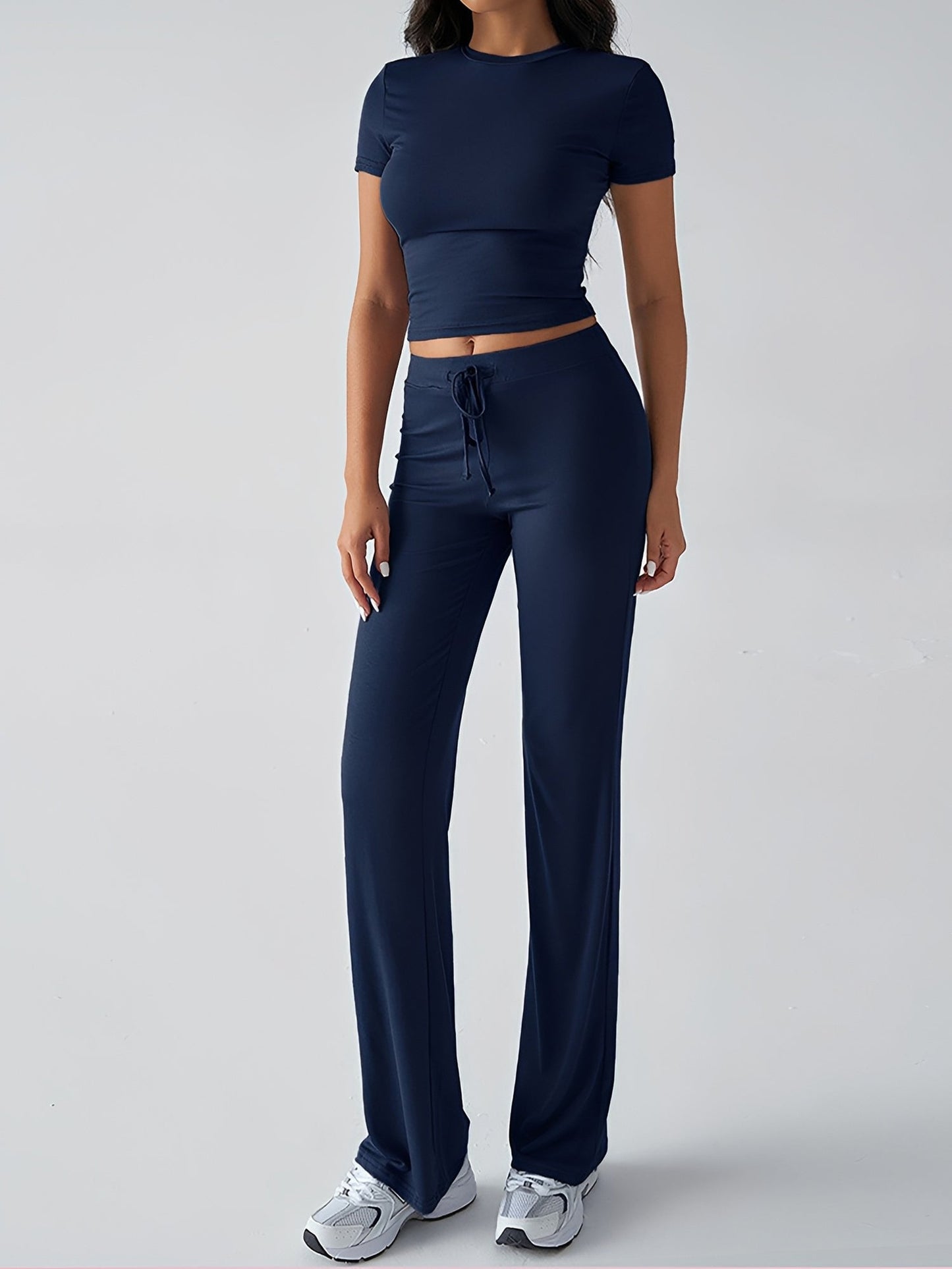 2 Pieces Crew Neck Short Sleeves Cropped Top & Straght Legs Trousers Pants Matching Workout Set