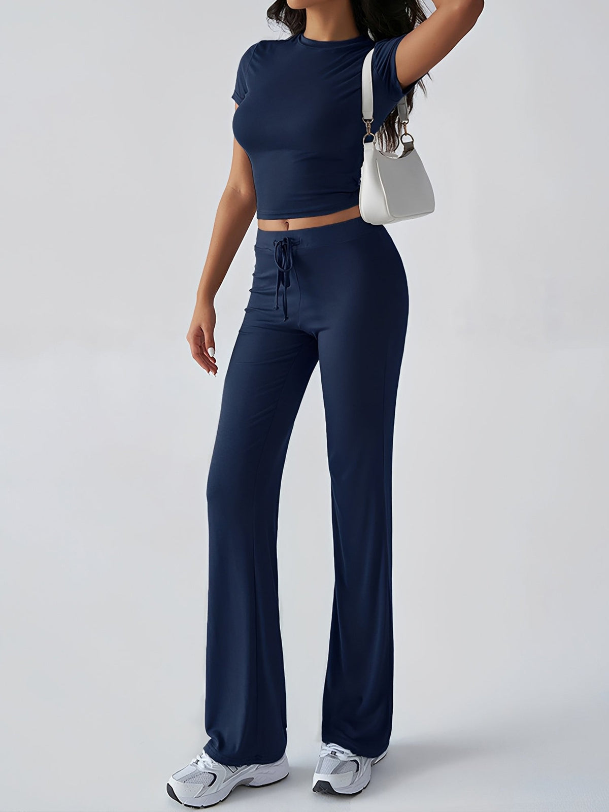 2 Pieces Crew Neck Short Sleeves Cropped Top & Straght Legs Trousers Pants Matching Workout Set