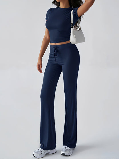 2 Pieces Crew Neck Short Sleeves Cropped Top & Straght Legs Trousers Pants Matching Workout Set