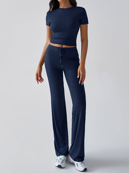 2 Pieces Crew Neck Short Sleeves Cropped Top & Straght Legs Trousers Pants Matching Workout Set