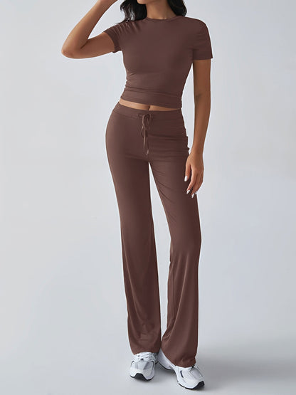 2 Pieces Crew Neck Short Sleeves Cropped Top & Straght Legs Trousers Pants Matching Workout Set