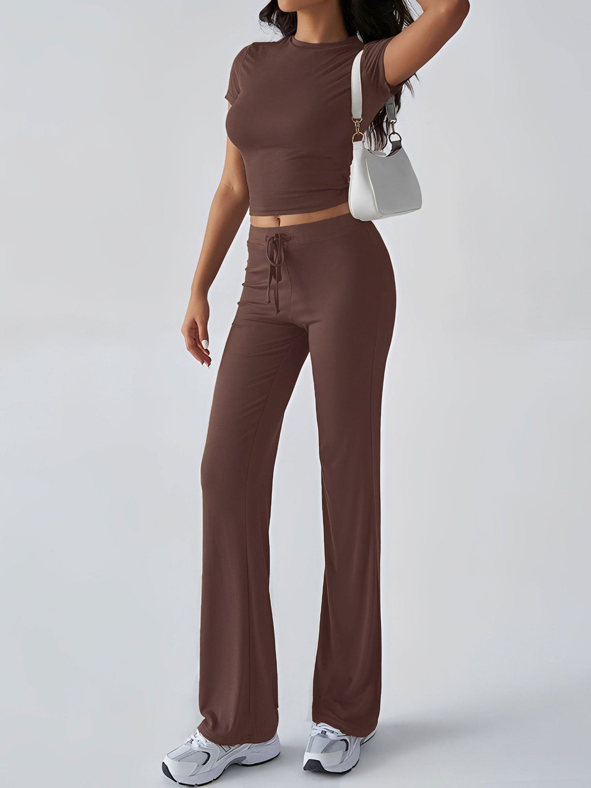2 Pieces Crew Neck Short Sleeves Cropped Top & Straght Legs Trousers Pants Matching Workout Set