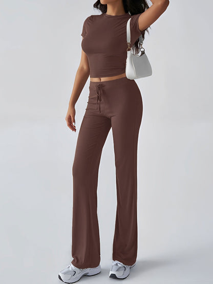 2 Pieces Crew Neck Short Sleeves Cropped Top & Straght Legs Trousers Pants Matching Workout Set