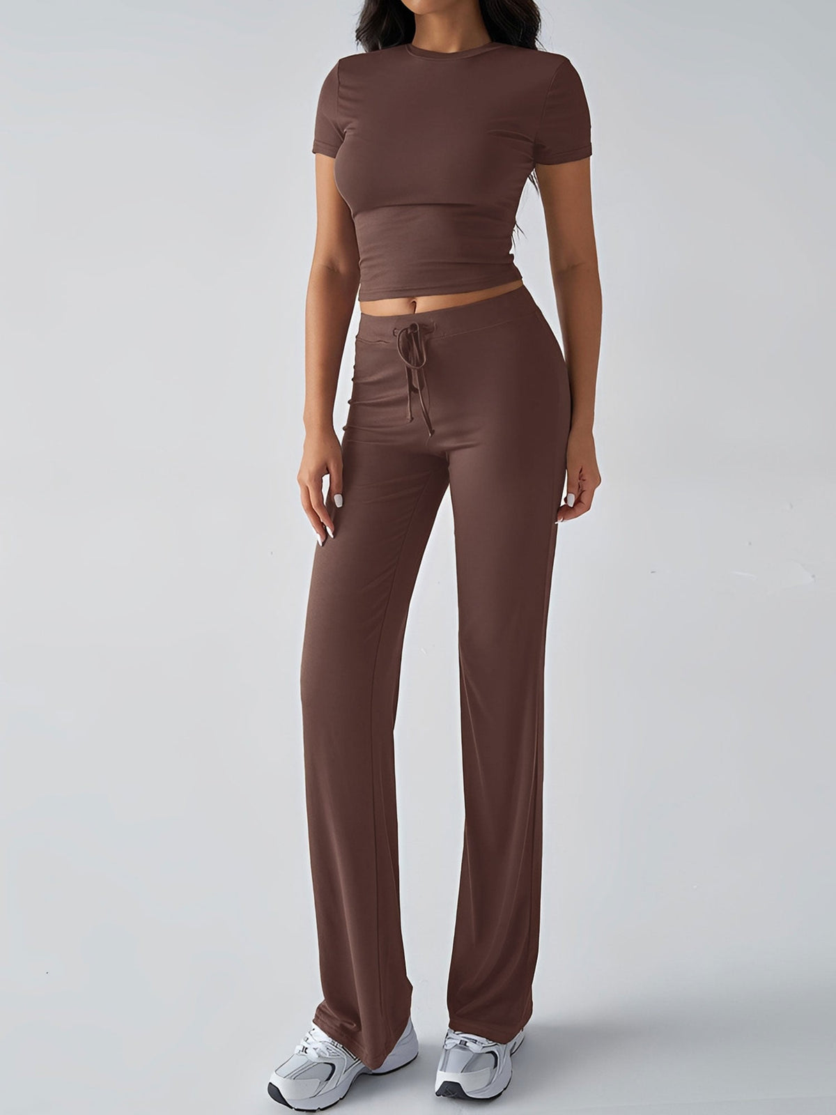 2 Pieces Crew Neck Short Sleeves Cropped Top & Straght Legs Trousers Pants Matching Workout Set