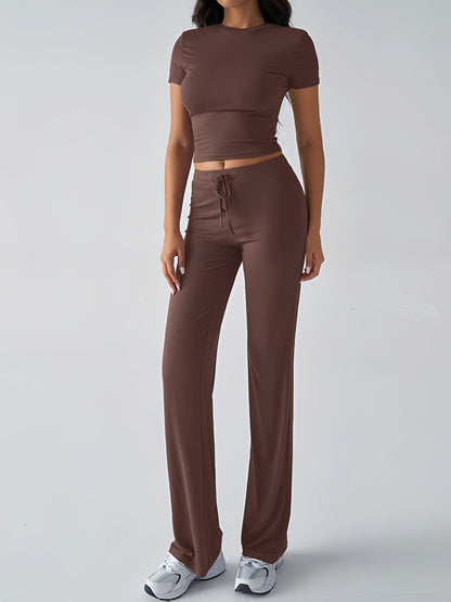 2 Pieces Crew Neck Short Sleeves Cropped Top & Straght Legs Trousers Pants Matching Workout Set