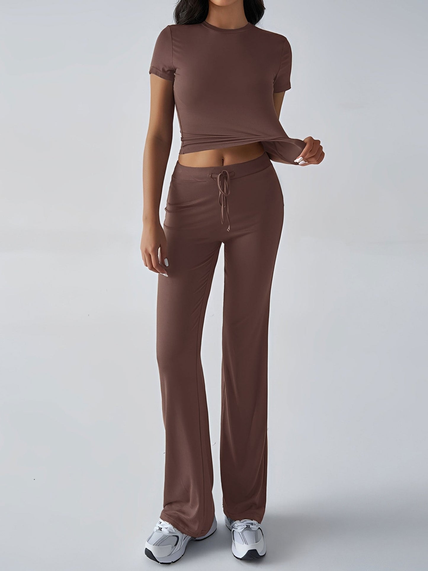 2 Pieces Crew Neck Short Sleeves Cropped Top & Straght Legs Trousers Pants Matching Workout Set