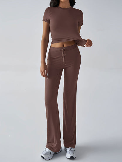 2 Pieces Crew Neck Short Sleeves Cropped Top & Straght Legs Trousers Pants Matching Workout Set