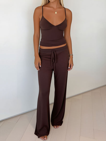2 Pieces Spaghetti Strap Top & Elastic Waist Trousers Pants Matching Workout Set