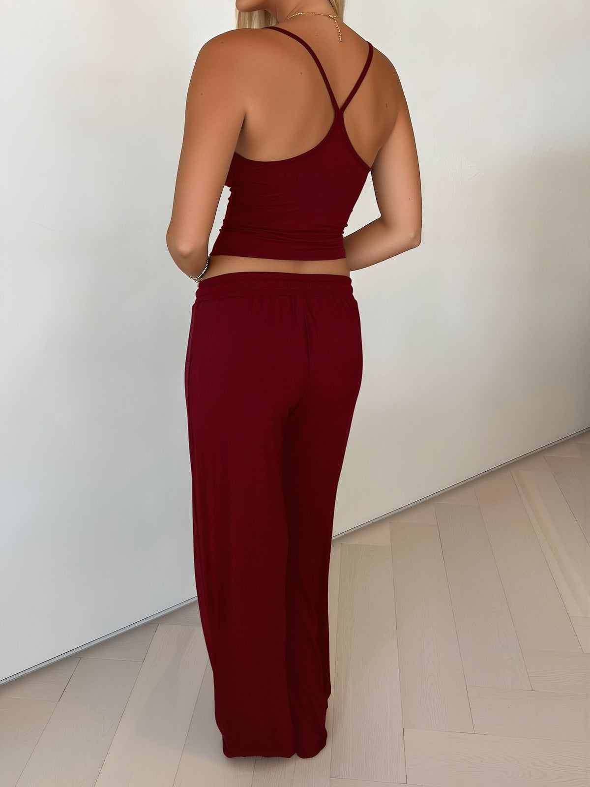 2 Pieces Spaghetti Strap Top & Elastic Waist Trousers Pants Matching Workout Set