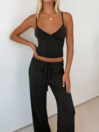 2 Pieces Spaghetti Strap Top & Elastic Waist Trousers Pants Matching Workout Set