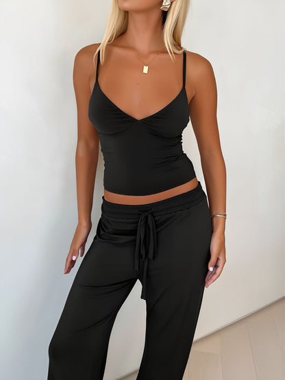 2 Pieces Spaghetti Strap Top & Elastic Waist Trousers Pants Matching Workout Set