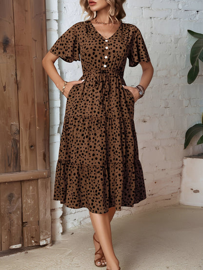 Pocketed Leopard Print Short Sleeve Tiered Dress