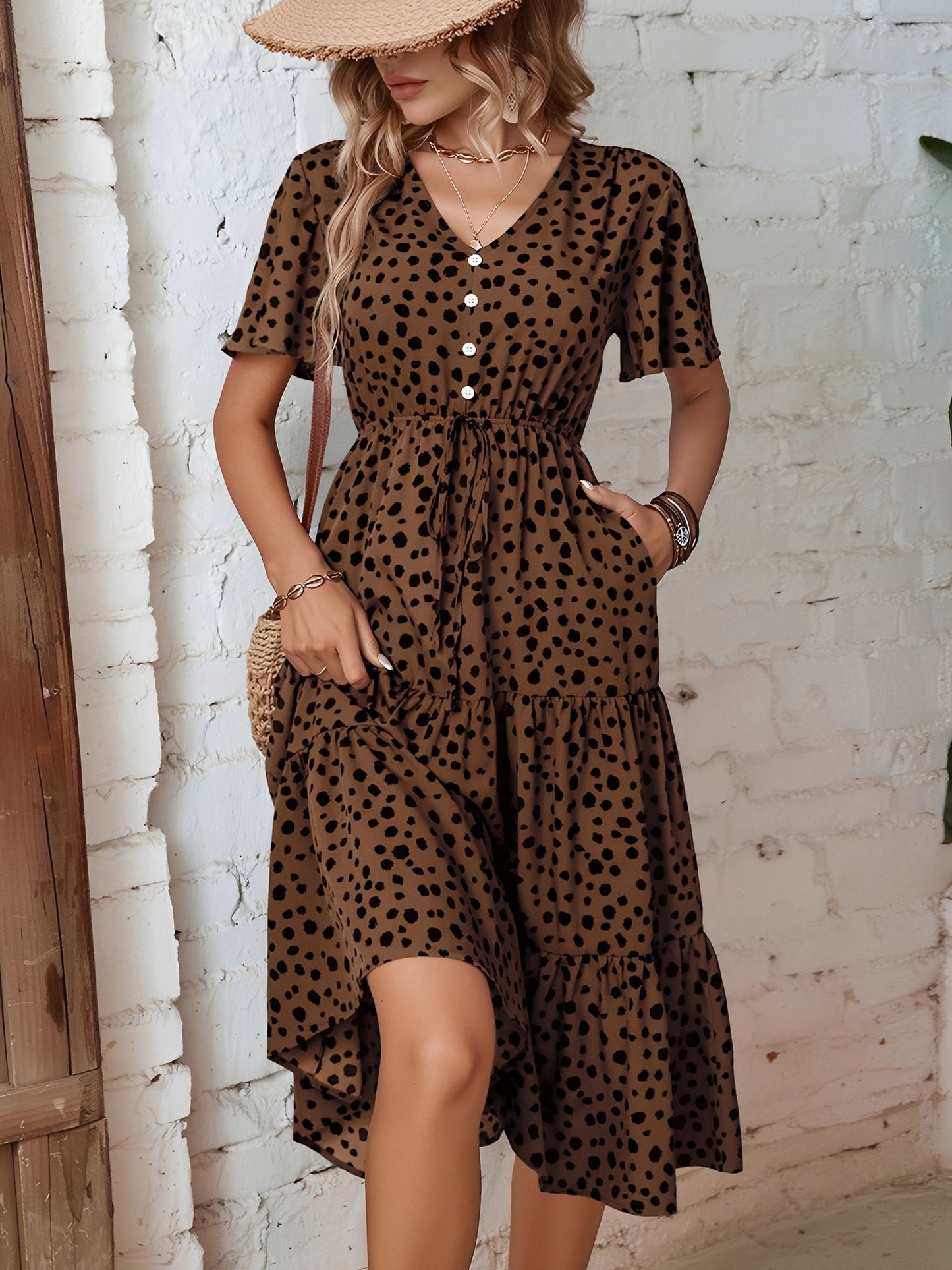 Pocketed Leopard Print Short Sleeve Tiered Dress