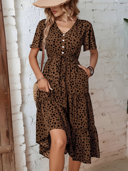 Pocketed Leopard Print Short Sleeve Tiered Dress