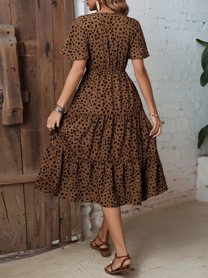 Pocketed Leopard Print Short Sleeve Tiered Dress