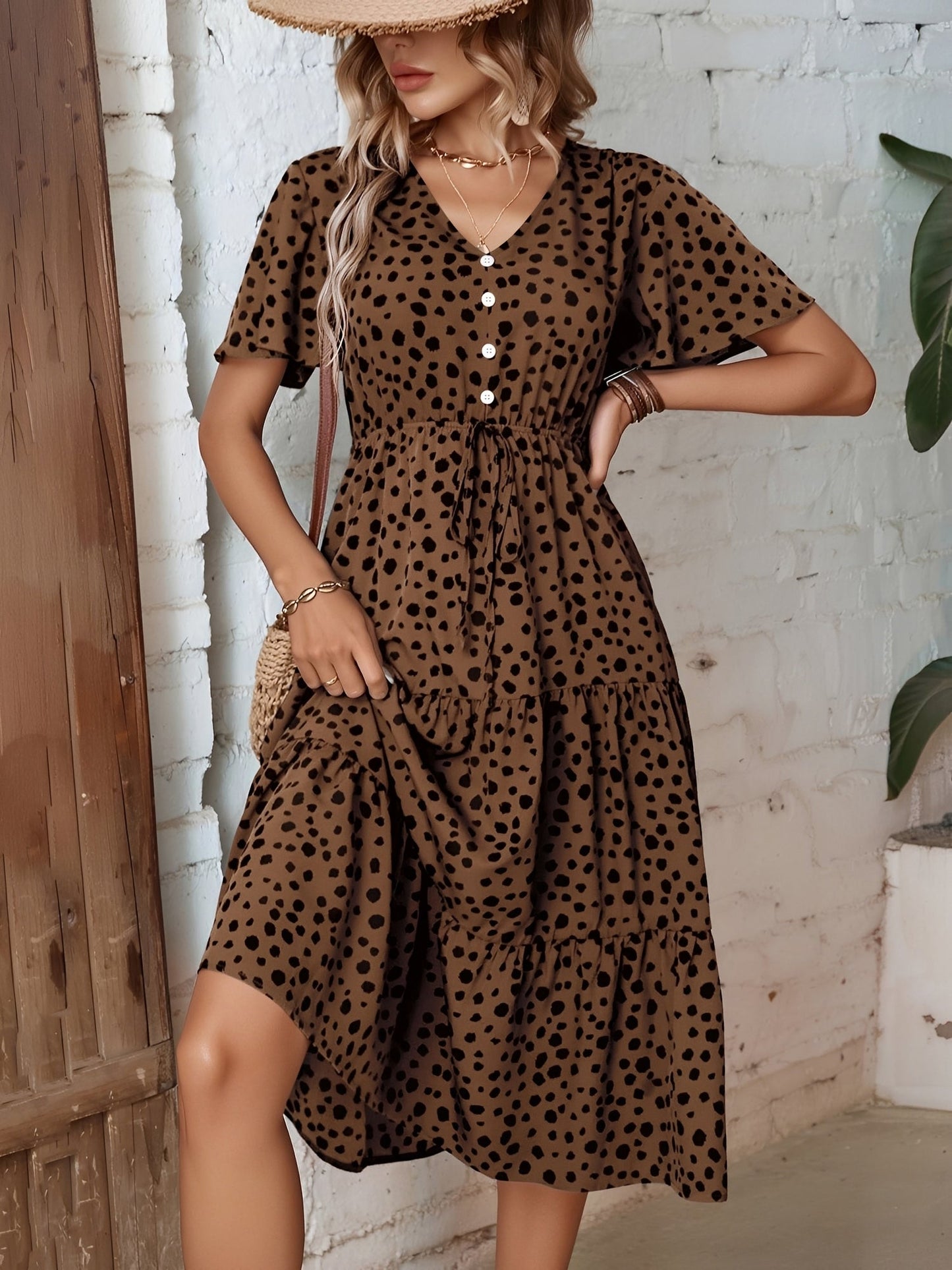 Pocketed Leopard Print Short Sleeve Tiered Dress