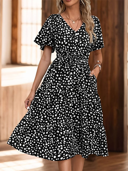 Pocketed Leopard Print Short Sleeve Tiered Dress