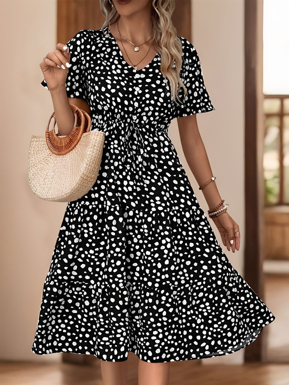 Pocketed Leopard Print Short Sleeve Tiered Dress