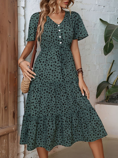 Pocketed Leopard Print Short Sleeve Tiered Dress