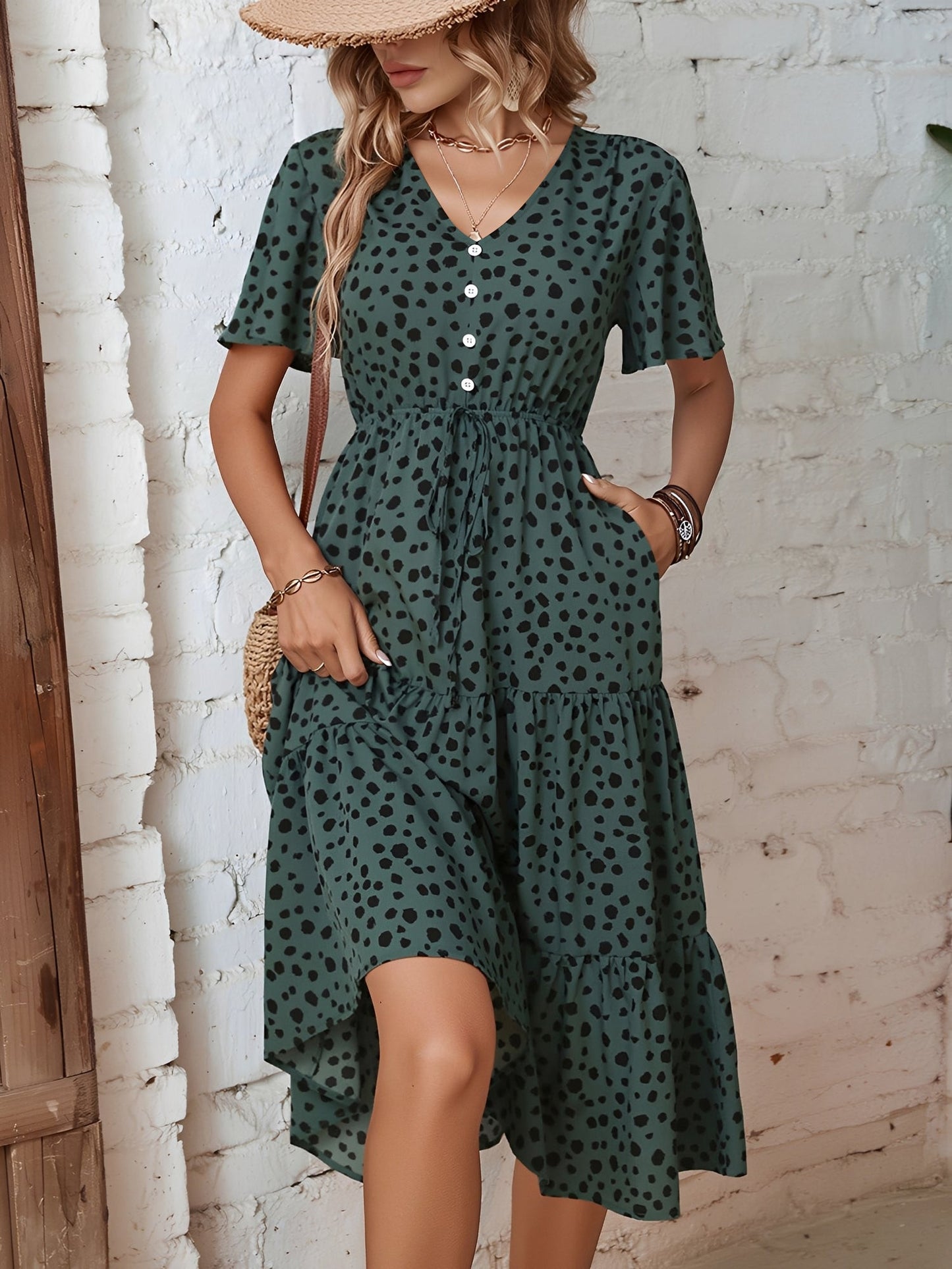 Pocketed Leopard Print Short Sleeve Tiered Dress
