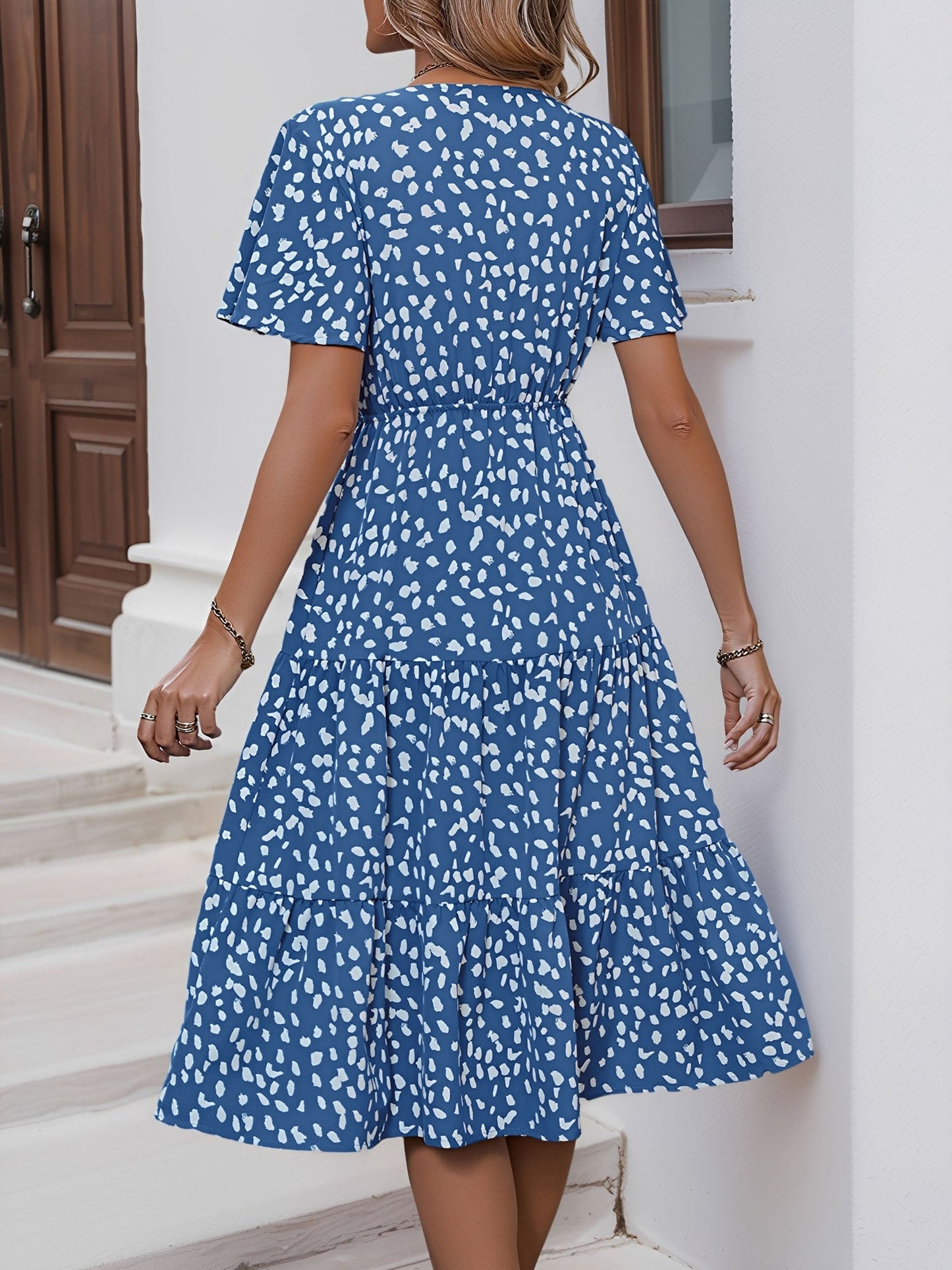 Pocketed Leopard Print Short Sleeve Tiered Dress