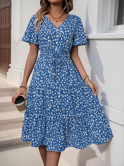 Pocketed Leopard Print Short Sleeve Tiered Dress