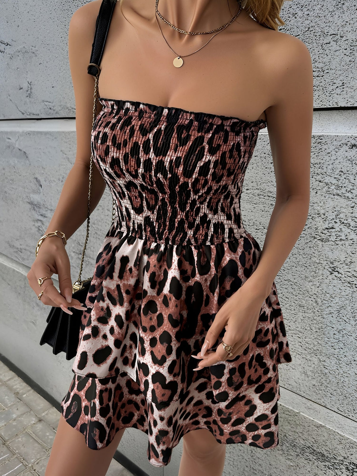 Strapless Leopard Print Smocked Layered Dress