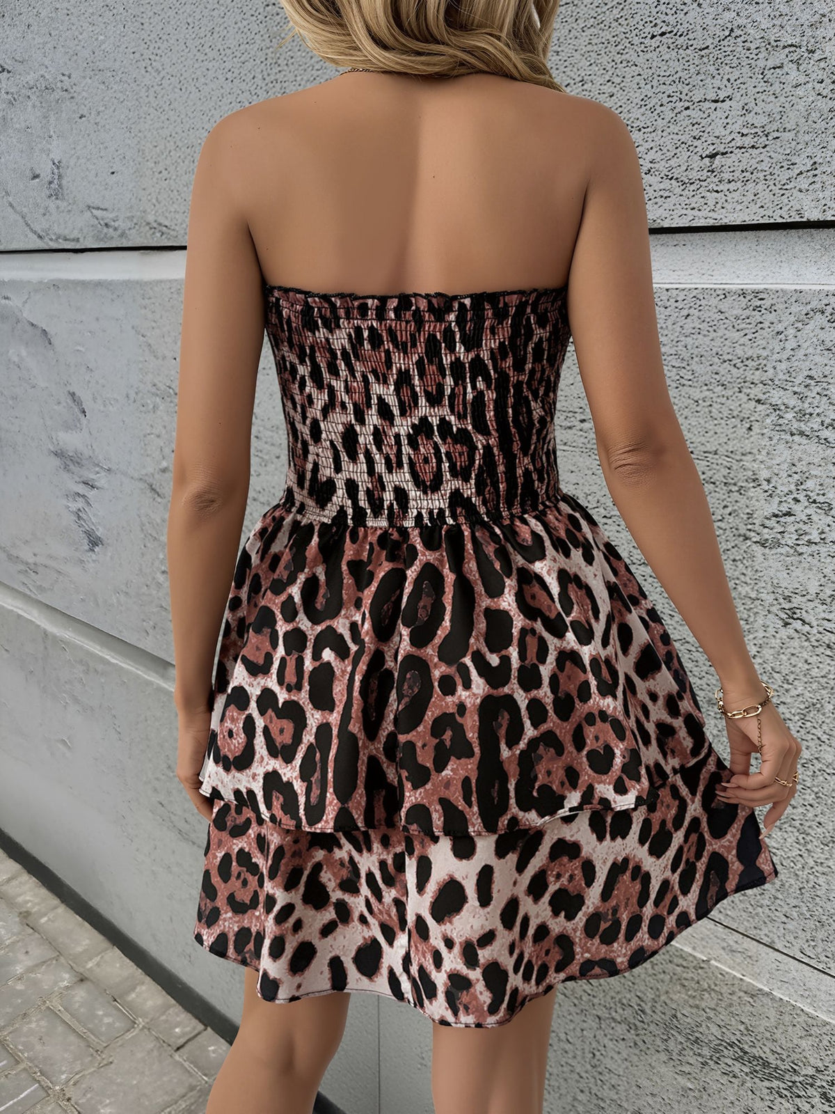 Strapless Leopard Print Smocked Layered Dress