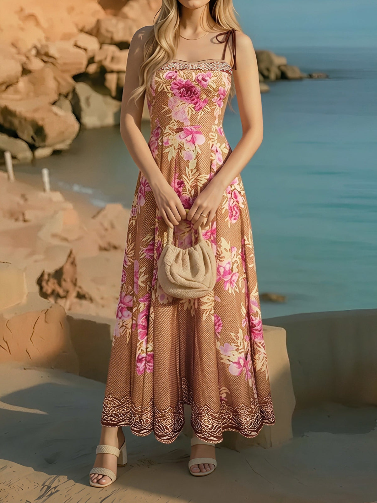 Floral Spaghetti Strap A-Line Maxi Dress