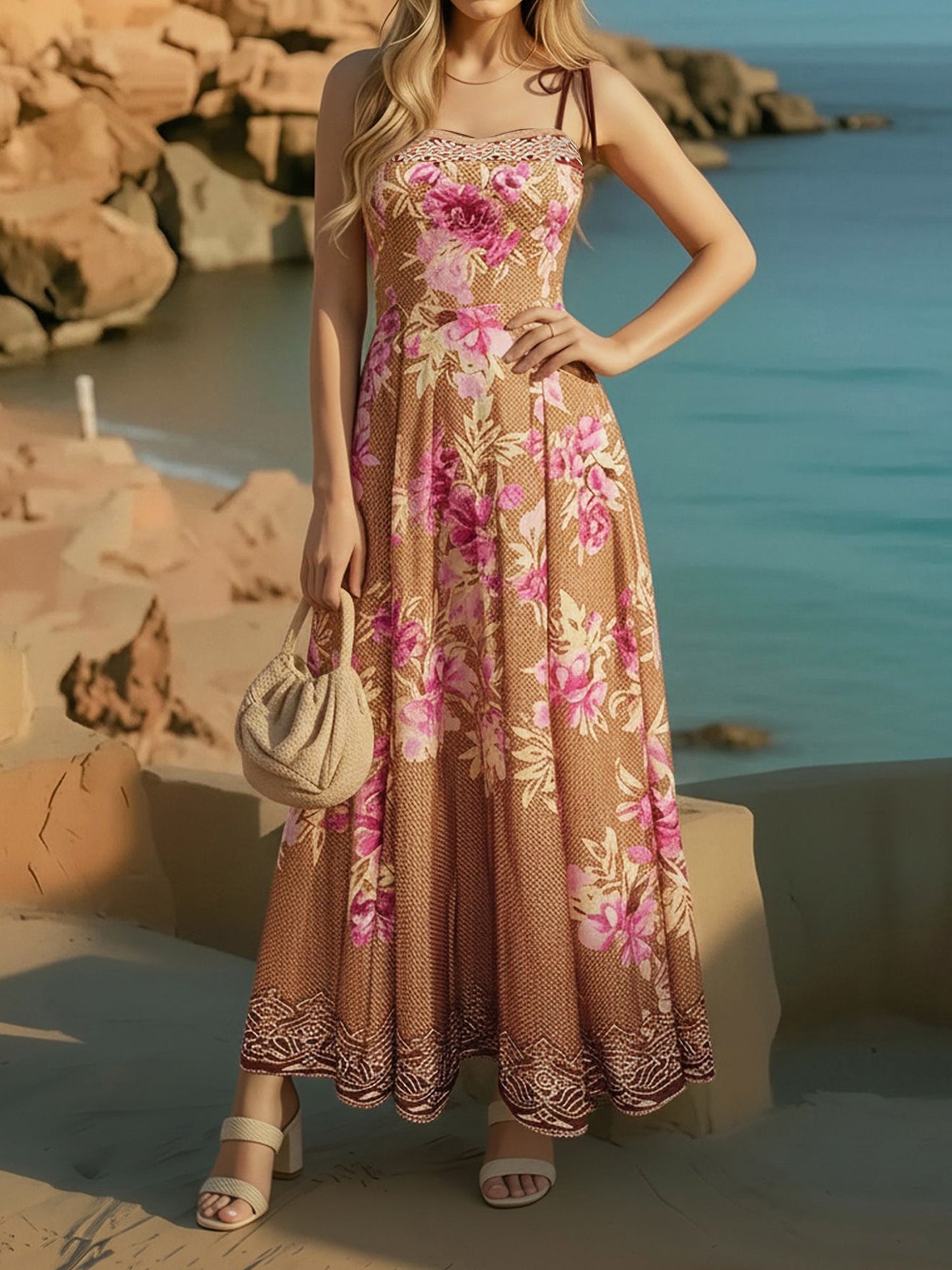 Floral Spaghetti Strap A-Line Maxi Dress