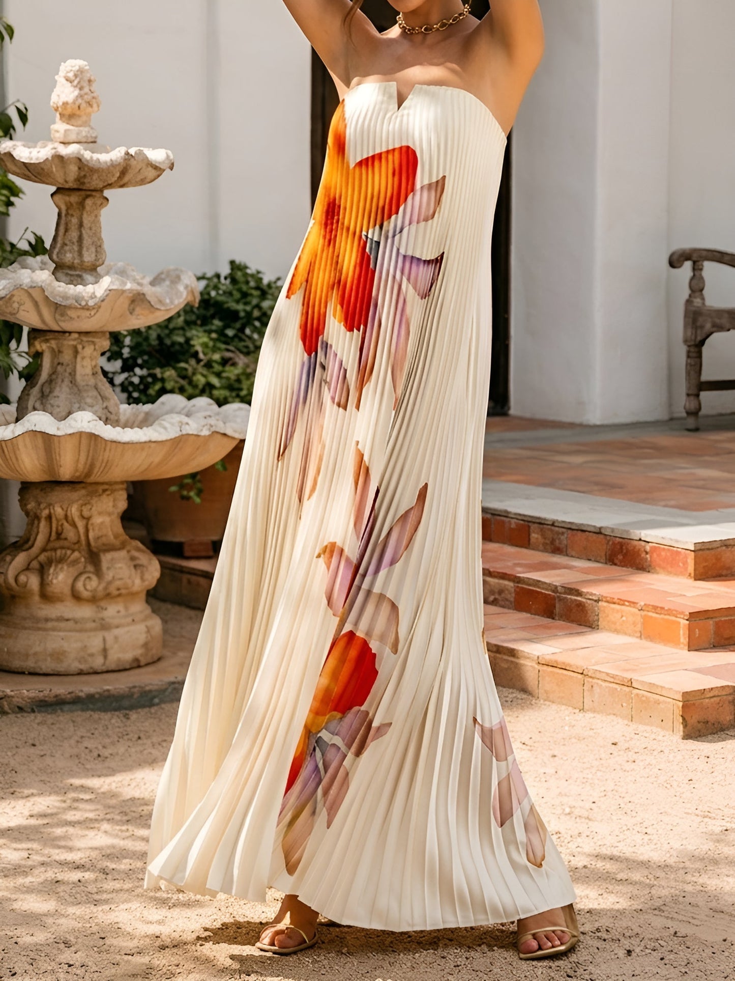 Strapless Pleated Backless Floral Maxi Event Dress