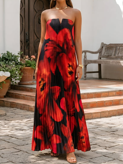 Strapless Pleated Backless Floral Maxi Event Dress