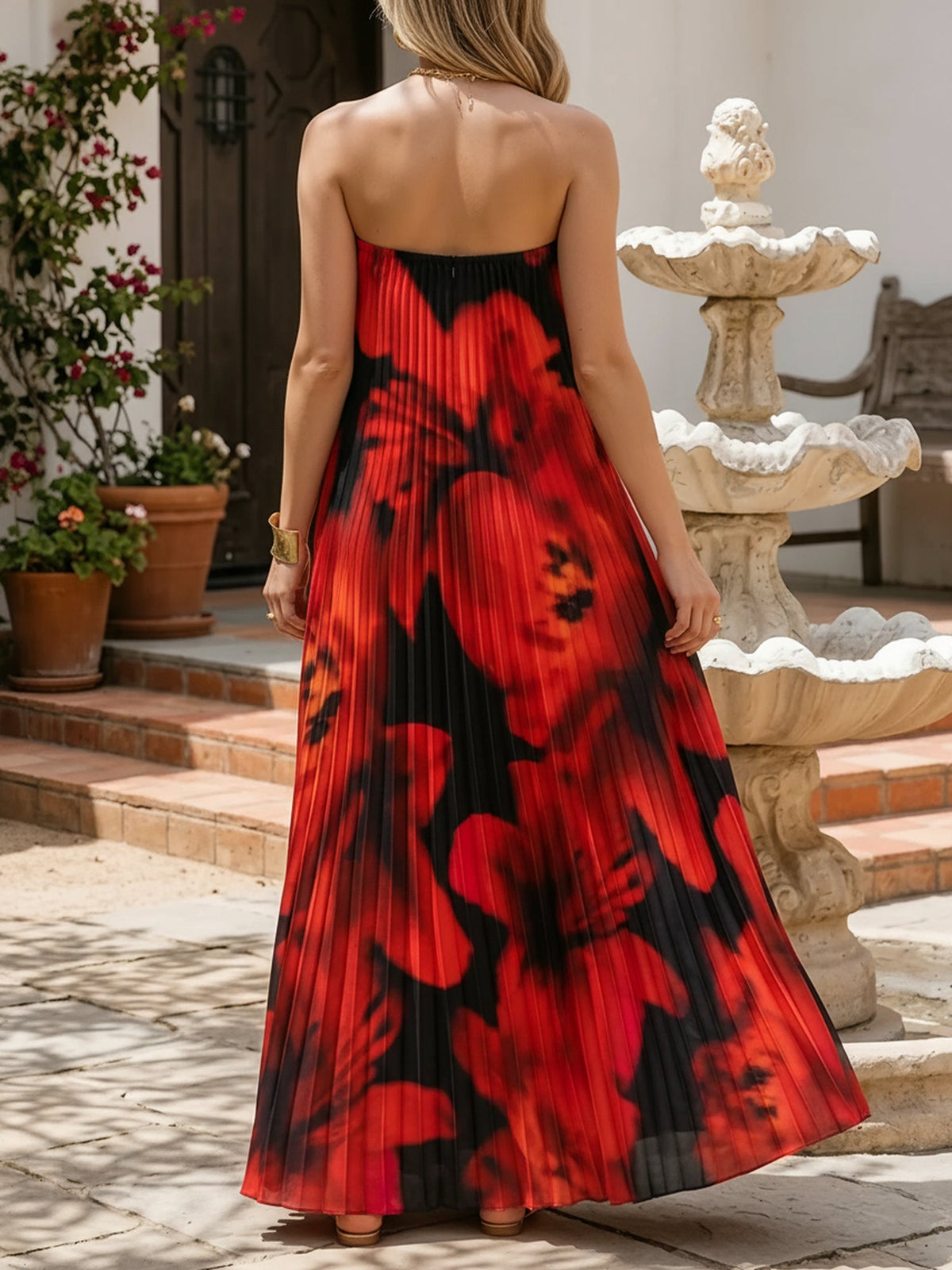 Strapless Pleated Backless Floral Maxi Event Dress