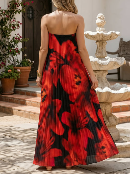 Strapless Pleated Backless Floral Maxi Event Dress
